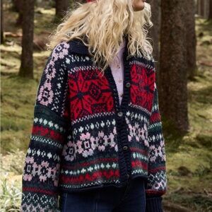 Free People Chunky Fair Isle Button-Up Cardigan Sweater Sz Small